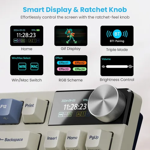 Vista 2 de RK ROYAL KLUDGE Teclado mecánico inalámbrico S85 con pantalla y perilla, teclado macro programable personalizado intercambiable en caliente TKL