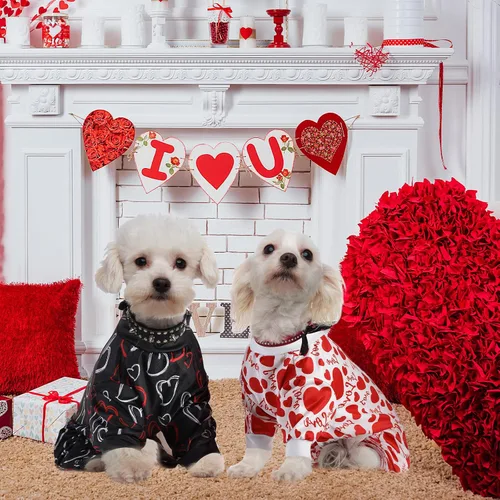 Vista 3 de Weewooday Pijama de 3 piezas para perro, conjunto de overol y overol para perro, ropa con patrón de corazón para cachorros y gatos (M