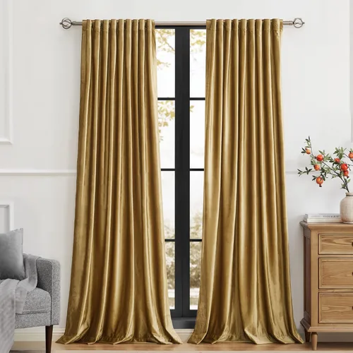 Vista 11 de PRIMROSE Cortinas de terciopelo champán de 63 pulgadas de largo para sala de estar, juego de 2 paneles opacos, bolsillo para barra, pestaña trasera