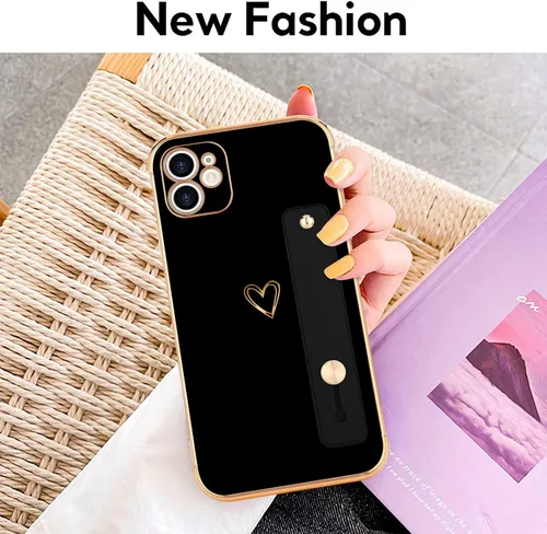 Vista 9 de LLZ.COQUE Funda compatible con iPhone 12 para mujeres y niñas, parachoques chapado de lujo con bonito diseño de corazón de amor, soporte de correa