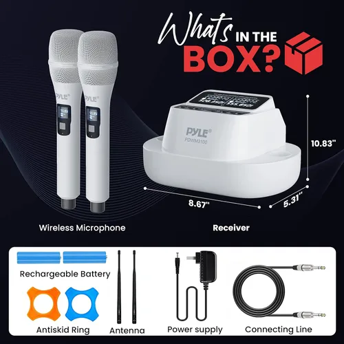 Vista 7 de Pyle Sistema de micrófono inalámbrico UHF - Receptor Bluetooth con 2 micrófonos de mano recargables, baterías de 1200 mAh, sonido claro