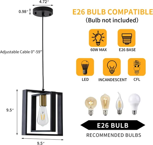 Vista 3 de Lámpara colgante negra de granja, candelabro pequeño de 1 luz, lámpara de comedor de madera con cable ajustable, luces colgantes para pasillo, isla