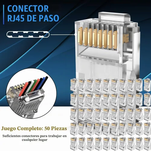 Vista 6 de LEATBUY - Juego de herramientas de crimpado RJ45, crimpadora Cat5 Cat5e Cat6, 50 conectores de paso, 50 cubiertas, probador de cables de red, Naranja