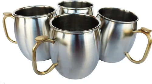 Vista 7 de Rastogi Handicrafts Juego de 4 tazas de acero inoxidable Moscow Mule de capacidad de 16 onzas, mango de latón para pulgar, taza de café frío, taza