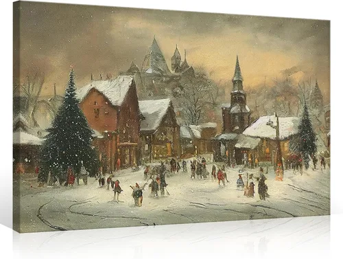 Vista 11 de Huabsad Arte de pared vintage de Navidad, retro, del siglo XVIII, rústico, naturaleza, paisaje, pósteres de lienzo de pueblo de invierno, famosas