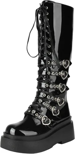 Vista 82 de Parisuit Botas góticas altas hasta la rodilla con hebilla de plataforma para mujer, tacón alto grueso, con cordones, botas de combate punk, con Negro