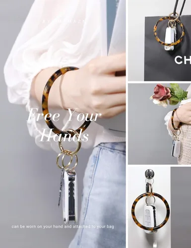 Vista 4 de Mymazn Llavero pulsera pulsera llavero brazalete brazalete llavero brazalete llavero para mujer, llavero redondo de acetato Tortuga clásica