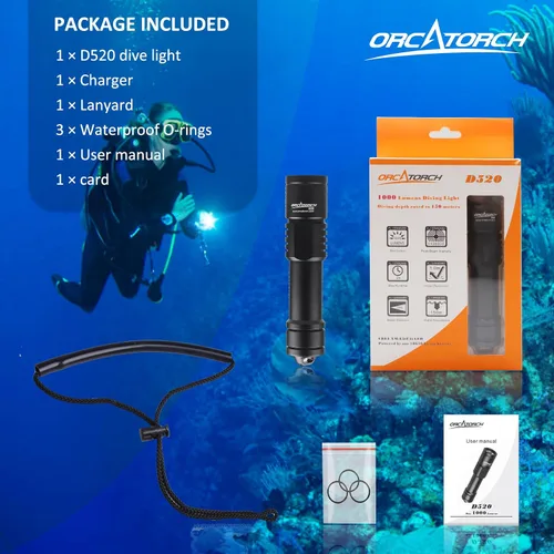 Vista 6 de orcatorch D520 linterna de buceo Luz 1000 lúmenes Submarino Luz 150M Equipo de buceo impermeable luces de seguridad para buceo, Luz de buceo