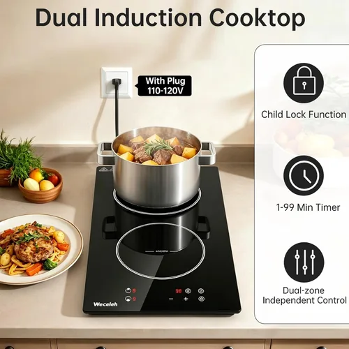 Vista 5 de Placa de cocción de inducción dual de 2 quemadores, estufa eléctrica de 12 pulgadas, control táctil, bloqueo de seguridad para niños, 9 niveles