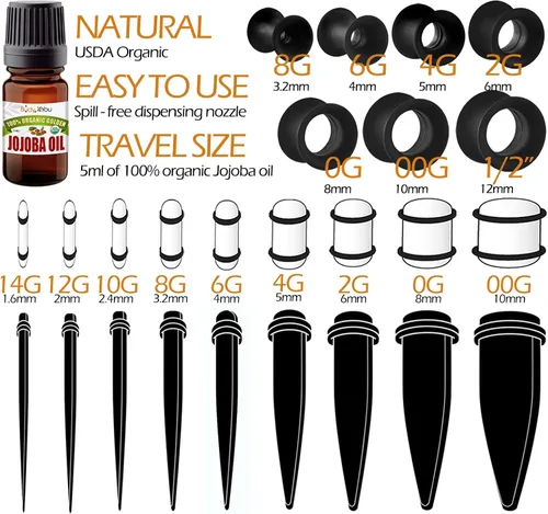 Vista 3 de BodyJ4You - Juego de 50 medidores de calibre para estiramientos de oreja y aceite de jojoba para cuidados posteriores, 14 G-12 mm, juego de tapones