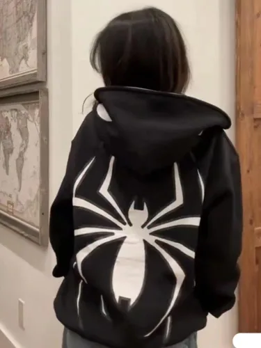 Vista 7 de Obenie Y2k Spider Print Hoodies Hip Hop Zipper Long Sleeve Jacket Coats Harajuku Casual Loose Hooded Sweatshirt