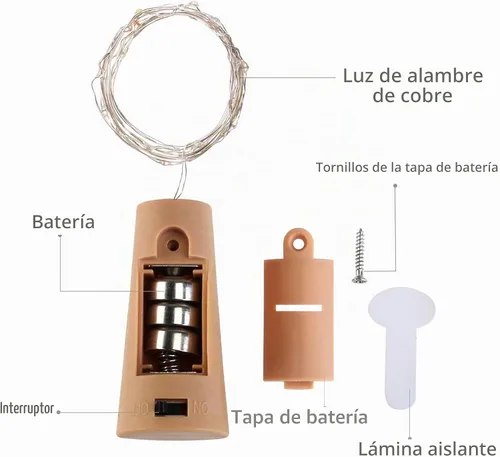 Vista 3 de Luces para botella de vino con corcho, paquete de 6 unidades, funciona con pilas, 15 luces LED en forma de corcho, alambre plateado, miniluces