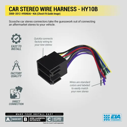Vista 5 de Scosche HY10B Arnés de cableado de radio de automóvil compatible con vehículos Hyundai y Kia no amplificados 2008-2013 seleccionados - Kit adaptador
