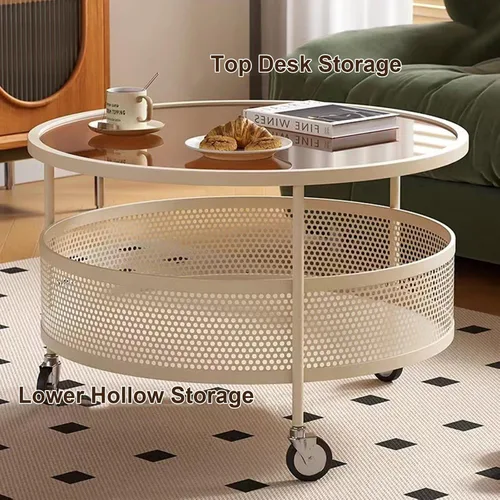 Vista 7 de Mesa de centro de cristal con ruedas giratorias, mesa de té redonda de 2 niveles con cesta de almacenamiento hueca de hierro, moderna mesa central