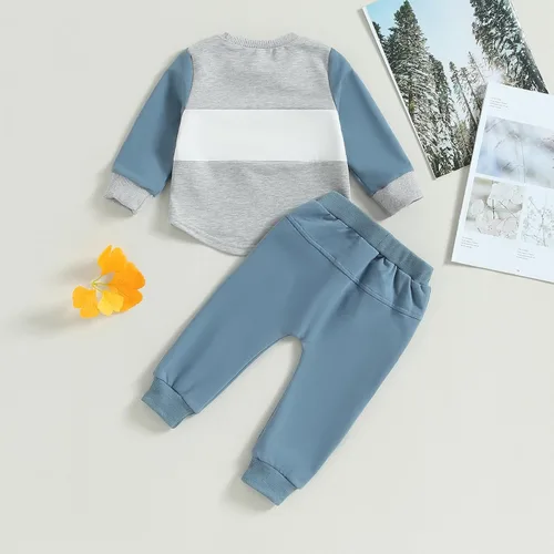 Vista 2 de Conjunto de ropa linda para bebé niño para otoño e invierno con bloques de color a cuadros y manga larga