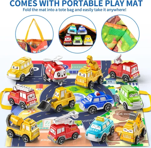 Vista 4 de TEMI - Juguetes de coches tirados para niños pequeños de 1, 2, 3 años para niños y niñas, 12 piezas de juguetes de coches para bebés con alfombrilla