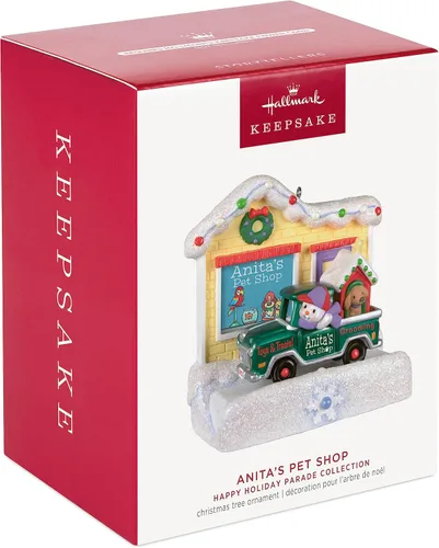 Vista 3 de Hallmark Keepsake Adorno navideño colgante 2023, colección Happy Holiday Parade Anita's Pet Shop musical con luz, regalos para ella
