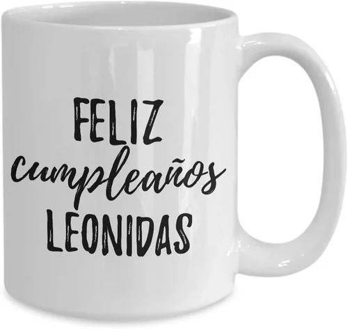 Vista 2 de Feliz Cumpleanos Leonidas - Taza de café con nombre personalizado en español, 15 onzas