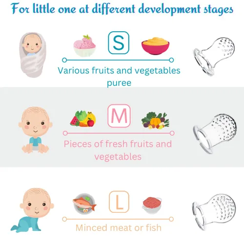 Vista 5 de Juego de alimentador de frutas para bebés, alimentador de alimentos frescos de silicona sin BPA con 3 tetinas de repuesto, alimentador de dentición