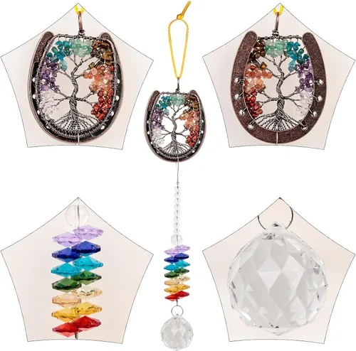 Vista 5 de TUMBEELLUWA Adorno colgante de árbol de la vida con forma de herradura, colgante de pared de piedra de chakra de Reiki para el hogar y la oficina