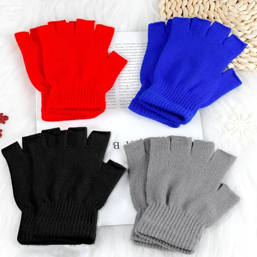 Vista 7 de Sumfox 4 pares de guantes negros sin dedos para mujeres y hombres, guantes unisex de medio dedo, guantes de punto, guantes elásticos de invierno