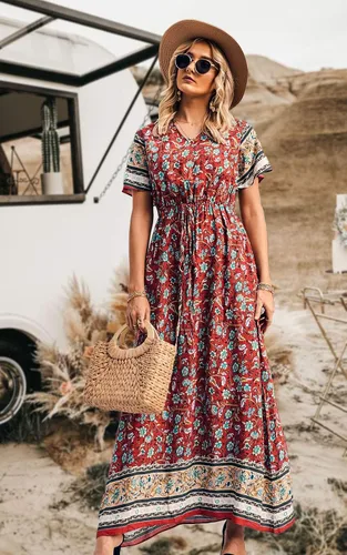 Vista 3 de PRETTYGARDEN - Vestido bohemio casual de verano para mujer, con estampado floral, cuello en V, manga corta, cintura alta, largo hasta el piso