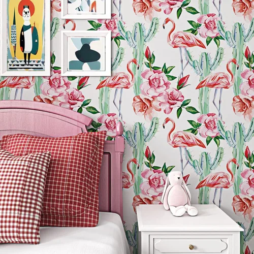Vista 2 de ReWallpaper Papel tapiz de flamenco rosa con cactus tropical, para despegar y pegar, extraíble, de 17.5 x 10 pies, papel de contacto floral