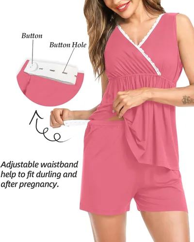 Vista 3 de SWOMOG Conjunto de pijama de maternidad para mujer con bata de 3 piezas, ropa de dormir sin mangas y pantalones cortos para embarazo
