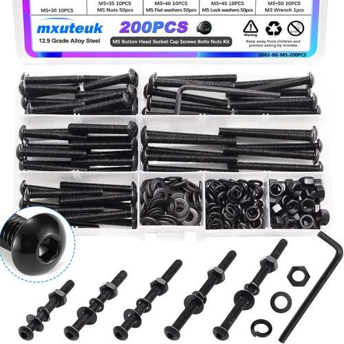 Vista 17 de mxuteuk Juego de tornillos M5 de 185 piezas, kit de tuercas, pernos y tornillos de cabeza hexagonal M5, pernos de acero de aleación de grado 12.9