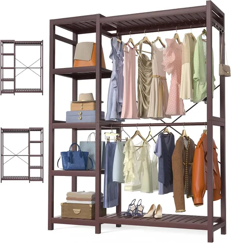 Vista 12 de Homykic Perchero de bambú para colgar ropa, perchero resistente con estantes ajustables de 7 niveles, varillas dobles, 4 ganchos, sistema de armario