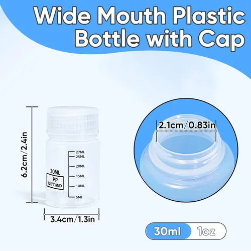 Vista 8 de DEMORA Botellas de plástico con tapas herméticas de 1 oz/30 ml, recipientes de líquidos de boca ancha de grado alimenticio, botellas de medición