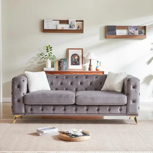 Vista 17 de KEIKI Sofá Chesterfield de terciopelo de lujo extragrande de 61 pulgadas con 2 almohadas, estilo mediados de siglo, sofá de 2 plazas con botones