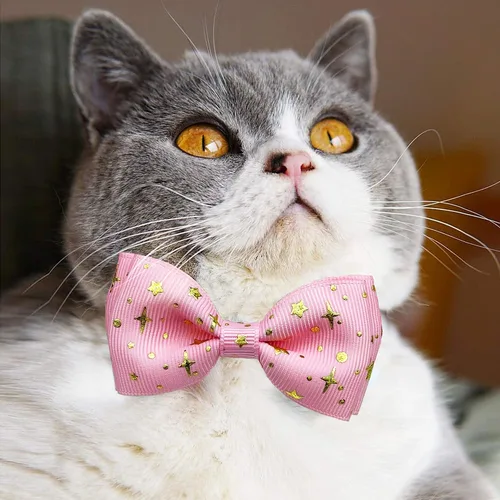 Vista 6 de Pohshido Paquete de 2 collares de gato con pajarita y campana, collar de gatito estrellado para machos, hembras, niños y niñas, gatos (rosa y negro)