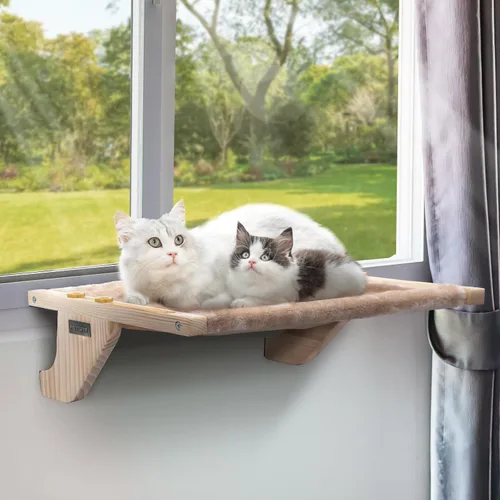 Vista 10 de Percha de Ventana para Gatos Petsfit, Hamaca de Gato de Madera Maciza Natural con Estera de Forro Polar Desmontable, Percha de Ventana Fácil