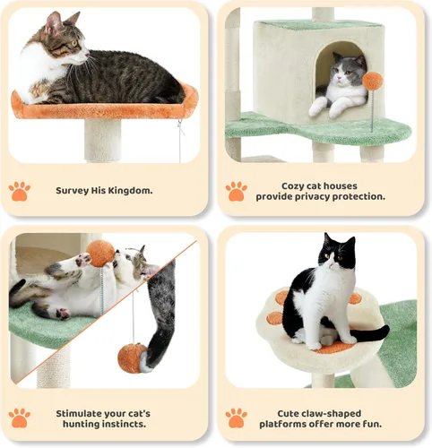 Vista 4 de Yaheetech Torre de árbol para gatos de 57.5 pulgadas, centro de actividades multifuncional con plataforma en forma de pata de gato, postes