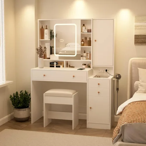 Vista 7 de Vabches Escritorio de tocador blanco con espejo y luces, mesa de tocador de maquillaje con luces, 3 cajones y armarios, estación de carga y puerta
