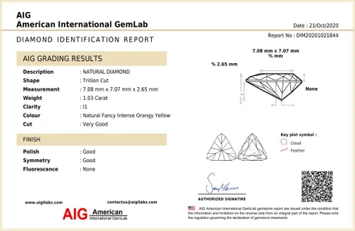 Vista 2 de 1.03 ct Corte de trillón certificado AIG (0.276 x 0.276 in) sin calentarsin tratar naranja amarillo diamante diamante suelto, Diamante natural