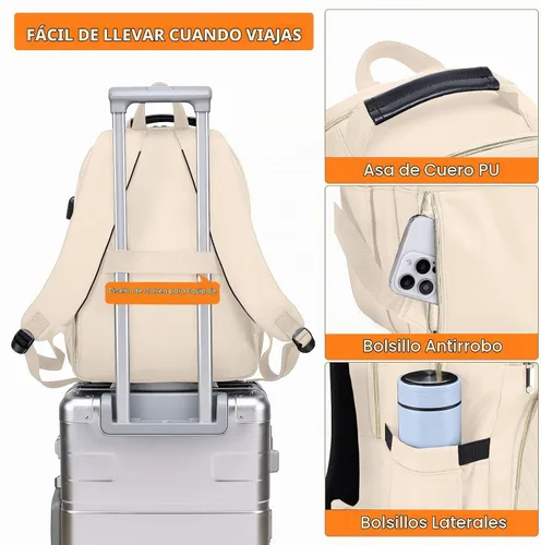 Vista 5 de Mochila de almuerzo para mujer, resistente al agua, bolsa de almuerzo aislada, mochilas para laptop de 15.6 pulgadas con puerto USB, mochila