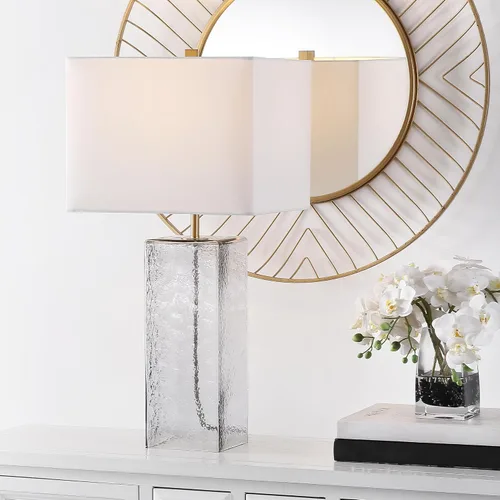 Vista 2 de SAFAVIEH Lighting Collection Memris Coastal Contemporary - Lámpara de mesa de cristal gris de 28 pulgadas (bombilla LED incluida)