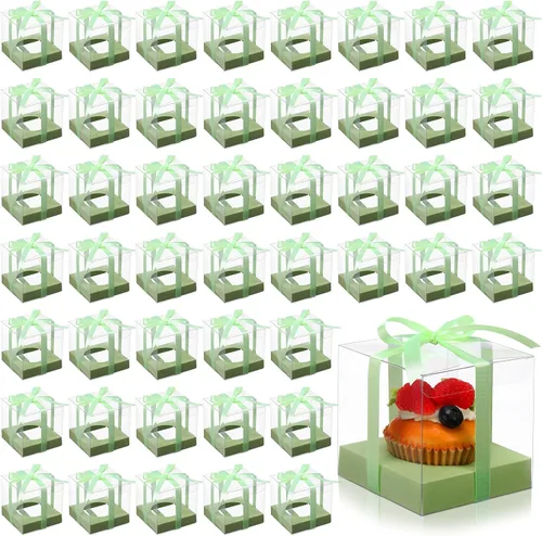 Vista 12 de Thenshop 50 cajas transparentes para cupcakes individuales de 3.5 pulgadas, cajas individuales de plástico para cupcakes con insertos y cinta