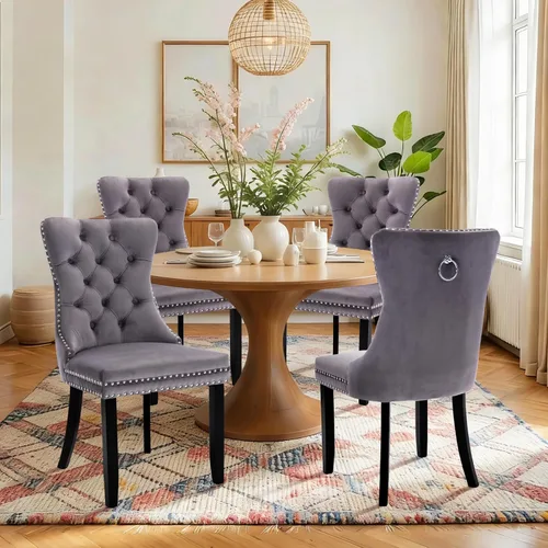 Vista 73 de Juego de 2 sillas de comedor de terciopelo con patas de madera, color beige Mid Century Modern Dining Chairs,Upholstered Chairs with Nailhead