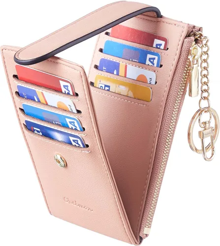 Vista 6 de Chelmon Billetera delgada para mujer, con bloqueo RFID, plegable, con bolsillo con cremallera, Rosa con llavero, Minimalista
