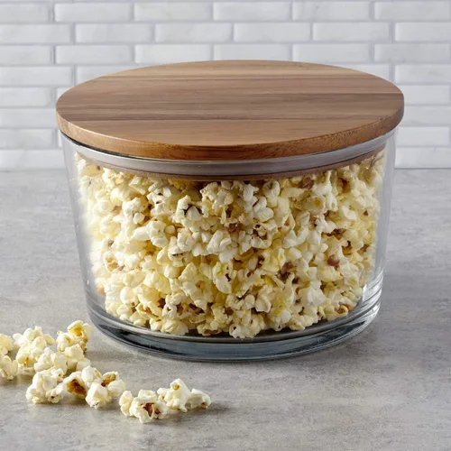 Vista 3 de Anchor Hocking Cuenco de vidrio con tapa, ensaladera de vidrio de 104 onzas con tapa de madera de acacia