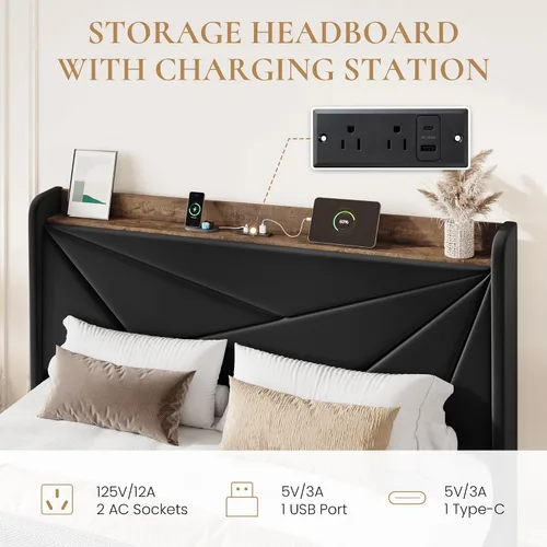 Vista 4 de SHA CERLIN Base de cama tamaño matrimonial con 3 cajones, puertos de carga USB y tipo C, cama plataforma tapizada en terciopelo con cabecera