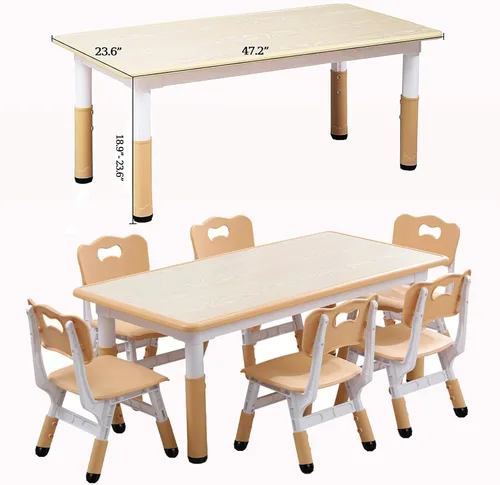 Vista 2 de Juego de mesa y sillas para niños, escritorio ajustable en altura con 6 asientos para edades de 2 a 10 años, mesa de arte y manualidades, escritorio