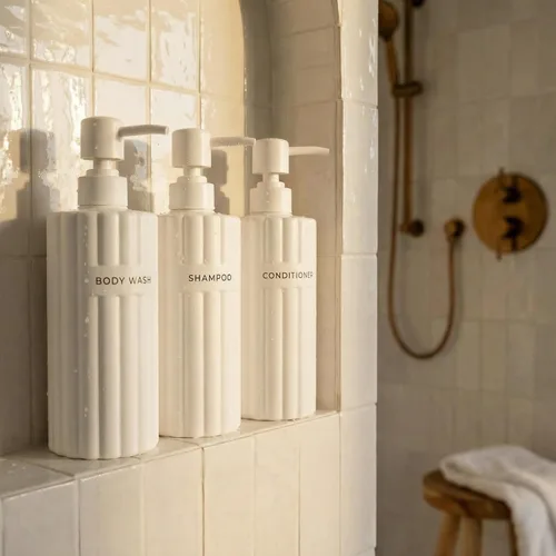 Vista 10 de Elegante dispensador de champú y acondicionador, juego de 3 botellas Salvia