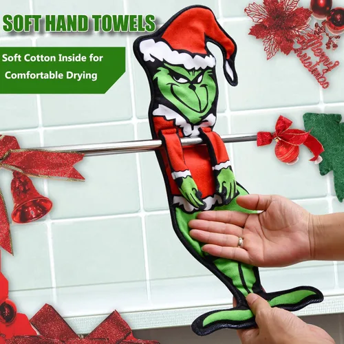 Vista 6 de Divertidas toallas de mano de Navidad 2 en 1 para baño y cocina, toallas colgantes para gancho y toallero, paños decorativos de Feliz Navidad