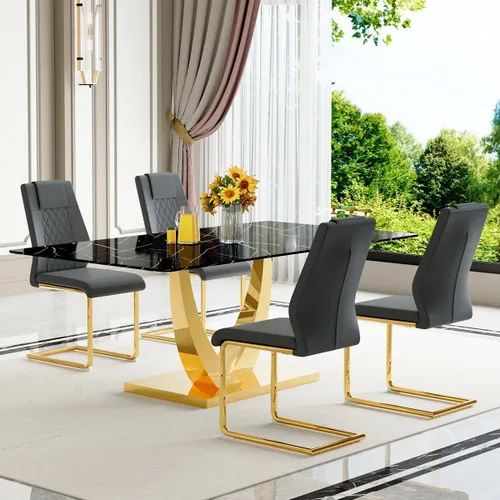 Vista 37 de Juego de mesa de comedor negra para 4, 63 x 35.4 x 30 pulgadas, mesa de comedor moderna rectangular con patas y base de acero inoxidable, sillas
