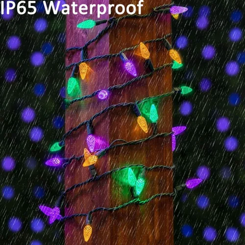 Vista 7 de Luces solares de Navidad para exteriores, cadena de luces C6 de fresa, luces de Mardi Gras, 100 LED, 8 modos, impermeable, uso al aire libre