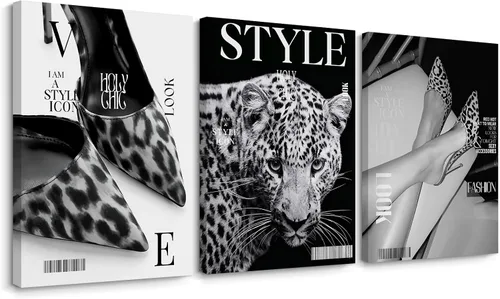 Vista 14 de Arte de pared de leopardo de moda, decoración de pared de guepardo blanco y negro, pósteres de lienzo estéticos de moda, impresiones de estocolmo